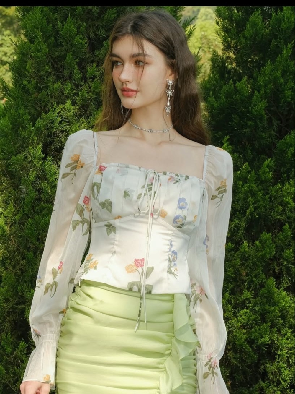 Floral Square-Neck Puff Sleeve Top - White with Pastel Floral
